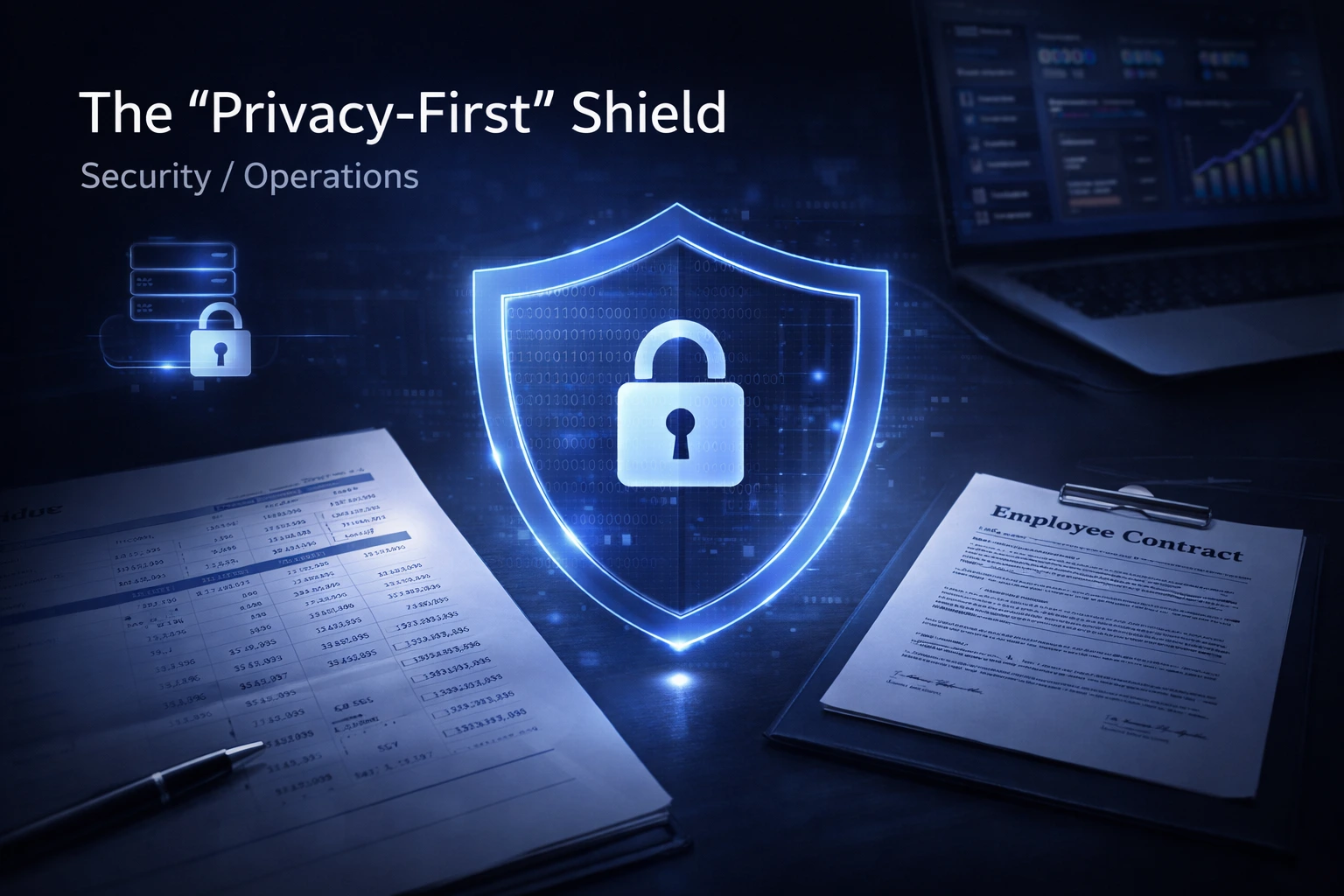 Translucent data shield protecting a financial ledger and employee contract on a modern desk, in deep navy and slate tones.