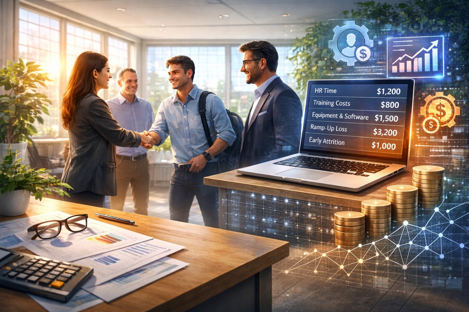 New employee onboarding meeting with HR and manager in a modern office workspace